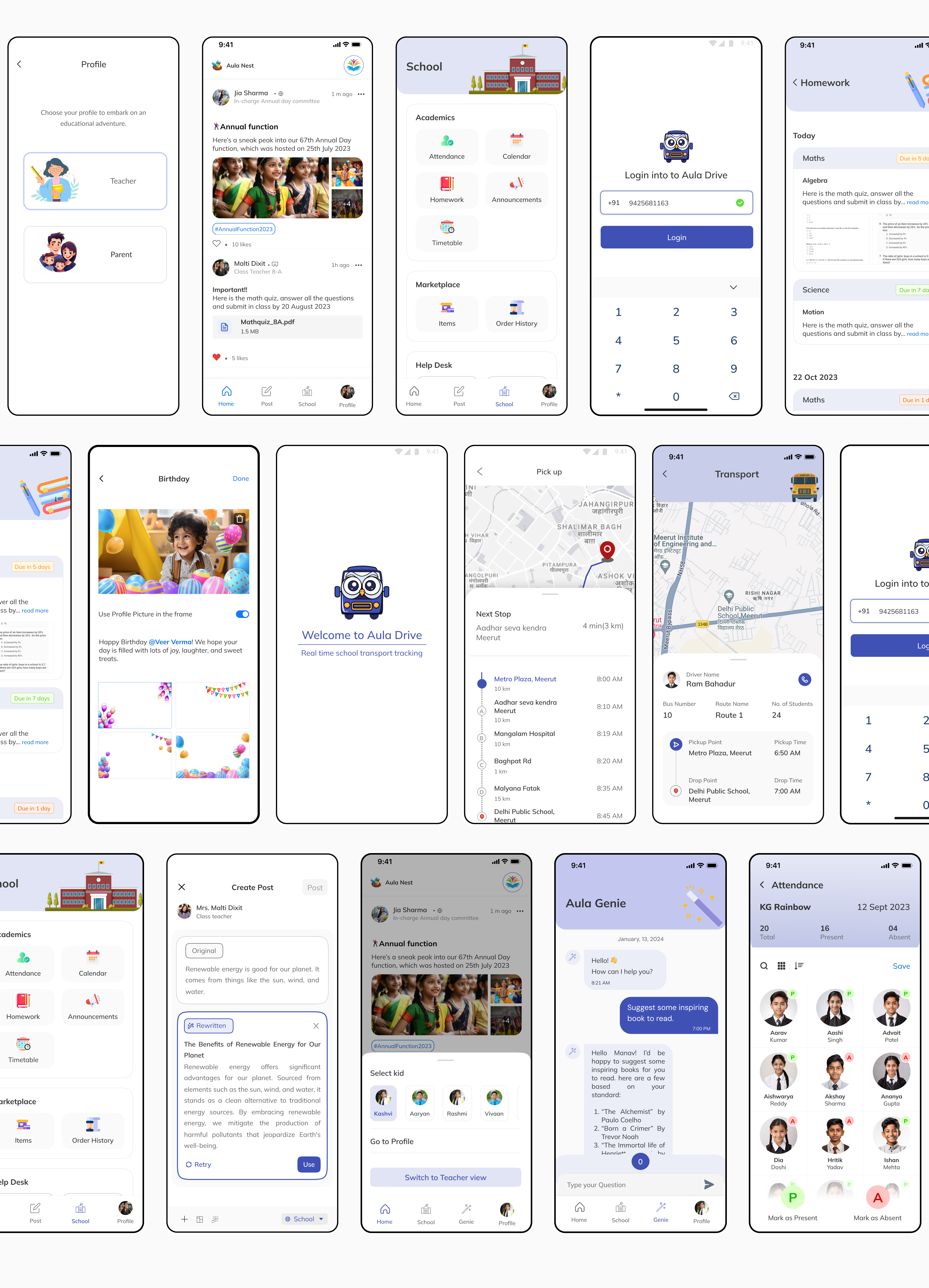 Aula Connect parent app screens